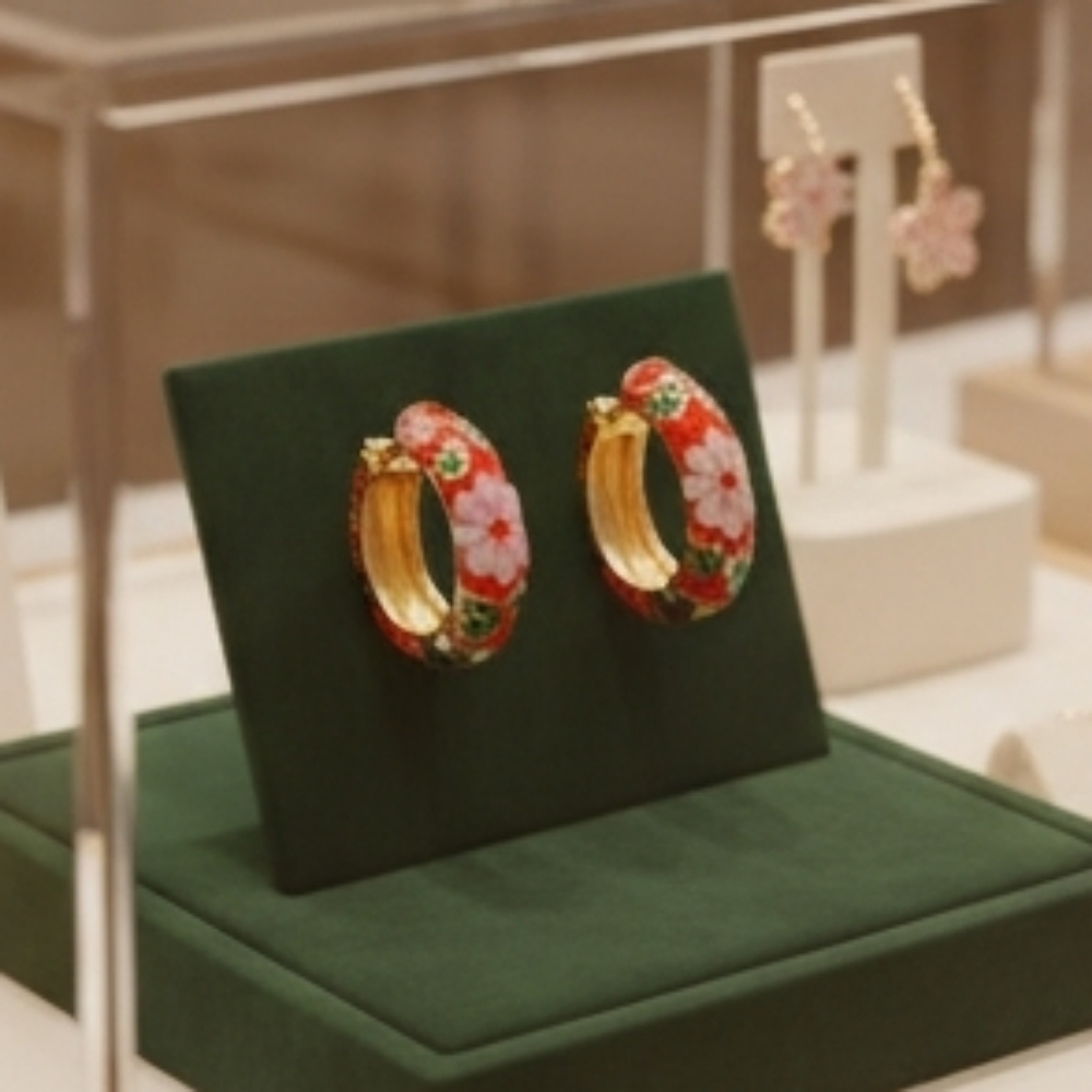 Enamel Floral Red and Gold Hoop Earrings